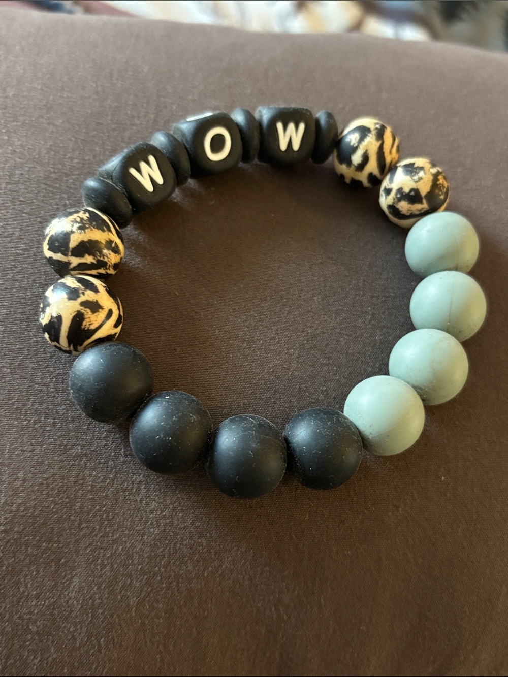 Silicone Black and Beige 'WOW' Beaded Stretch Bracelet Animal Print